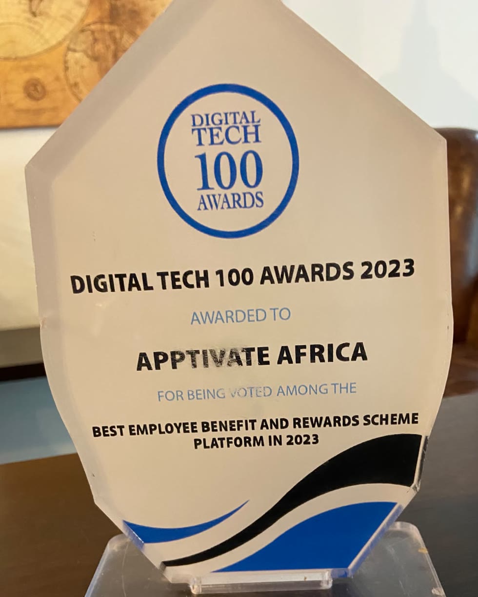 Digital Tech 100 Awards 2023 trophy awarded to Apptivate Africa for Best Employee Benefit and Rewards Scheme Platform